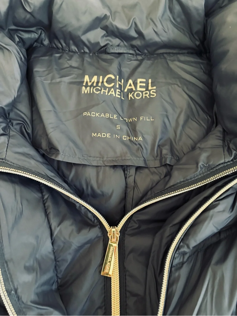 Michael Kors Long Quilted Puffer Coat with Gold Zip - Navy